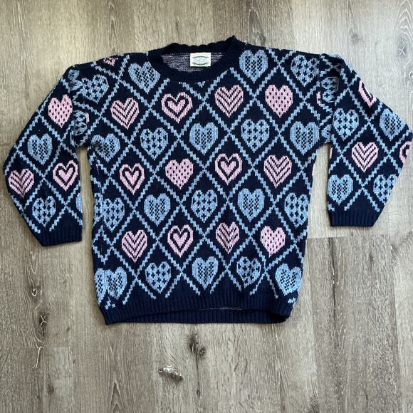 Vintage Separate Issue Women’s Heart Sweater Blue Pink Knit USA‎ Medium 80s 90s - Picture 2 of 11